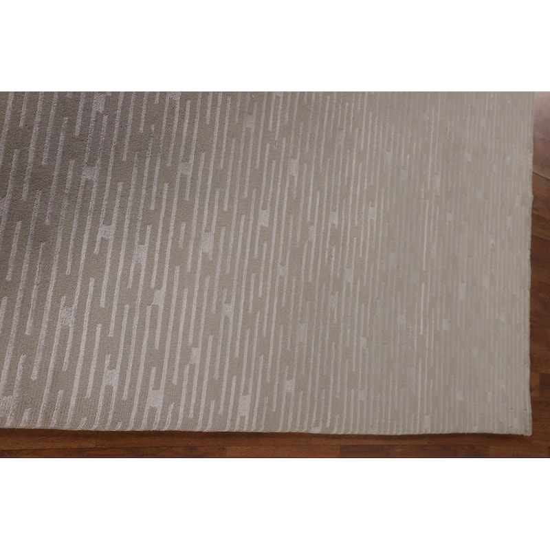 Beige Striped Nepalese Oriental Area Rug Hand-Knotted Wool Carpet - 5'10" x 8'8"