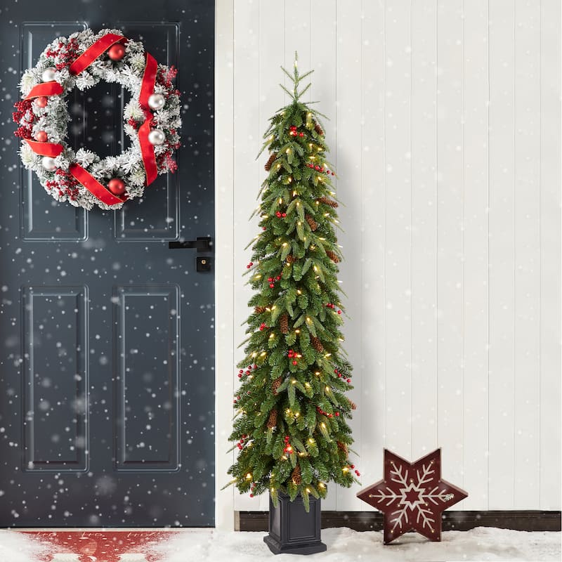 Glitzhome 4ft/6ft/7ft Pre-lit Green Artificial Christmas Porch Tree with Red Berries,Pinecones and 100 Warm White Lights - 1-Piece 6ft