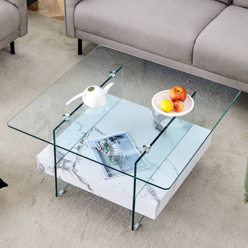 Roomfitters Square Glass Coffee Table with Walnut Finish, Two-Tier Modern Accent Table for Compact Spaces