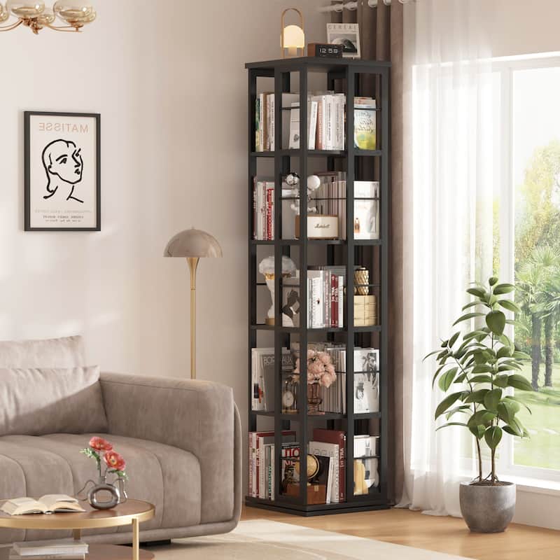 5-Tier Corner Rotating Bookshelf, 360 Display Wood Spinning Bookshelf, Floor Standing Bookcase Organizer Storage Rack - Black