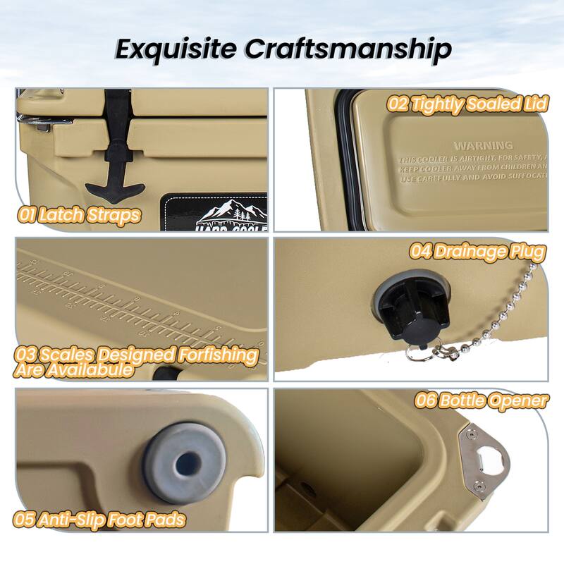 20 Quart Khaki Cooler, Ultra-Tough Hard Shell Ice Chest, Compact Portable Cooler Keeps Ice Up to 5 Days for Outdoor Adventures