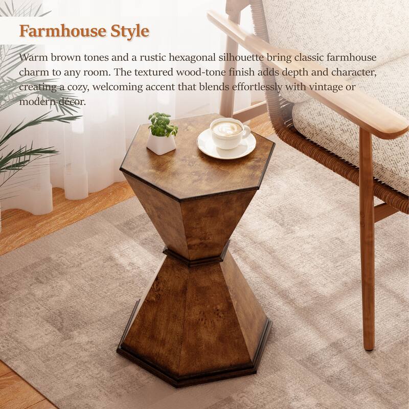 COZAYH Rustic Hexagonal Accent Table, Sculptural Hourglass-Shaped Side Table with Geometric Base, Brown