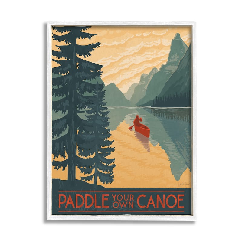 Stupell Paddle Your Own Canoe Phrase Mountain Lake Adventure Framed Wall Art - Green - 16 x 20 - White