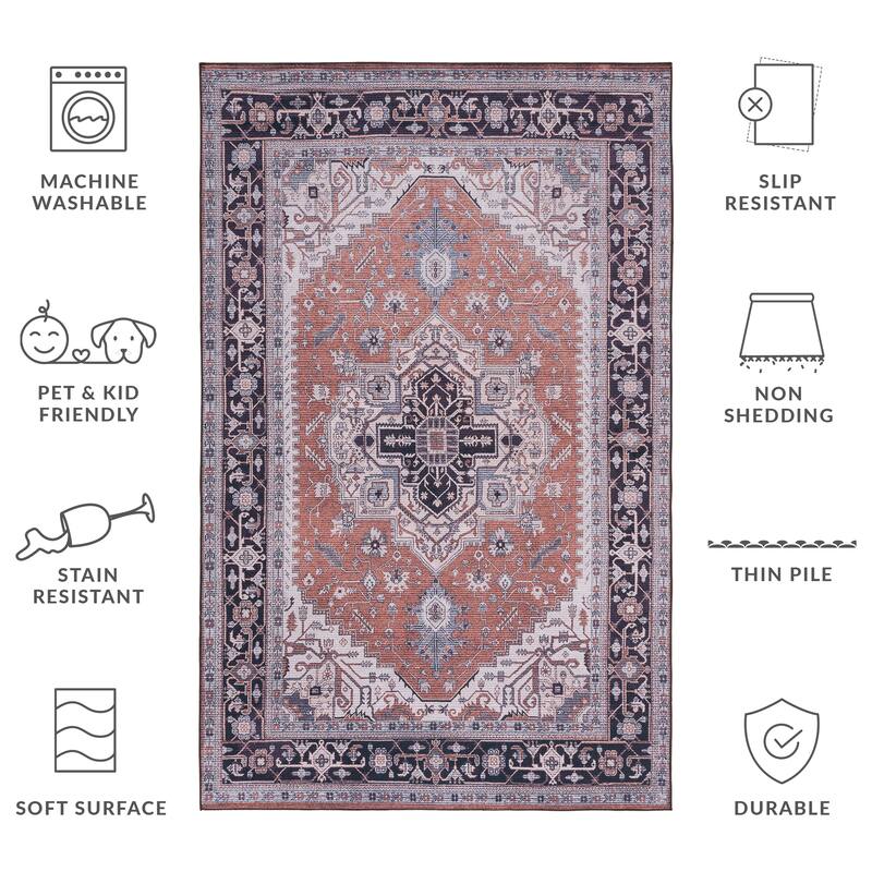 SAFAVIEH Tucson Machine Washable Slip Resistant Emmer Traditional Rug - 3' x 5' - Rust/Navy