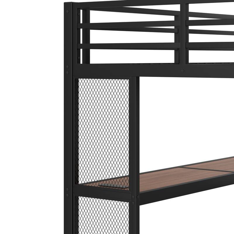 Full Loft Bed with Desk and Storage Stairs, Metal Loft Beds with LED Lights, USB Ports, Multifunctional Iron Nets, Black