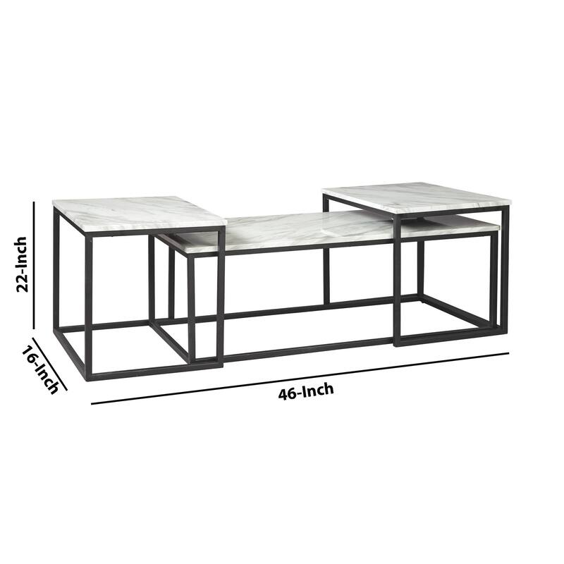 3 Piece Occasional Table, Metal Frame, Marble Top, White and Black
