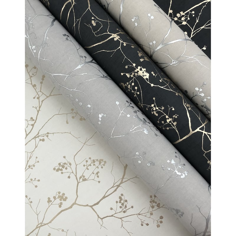Grant Black/Gold Short Fiber Non-Woven Unpasted Botanical Luminous Branches Wallpaper Covers about 60.75 sq. ft.