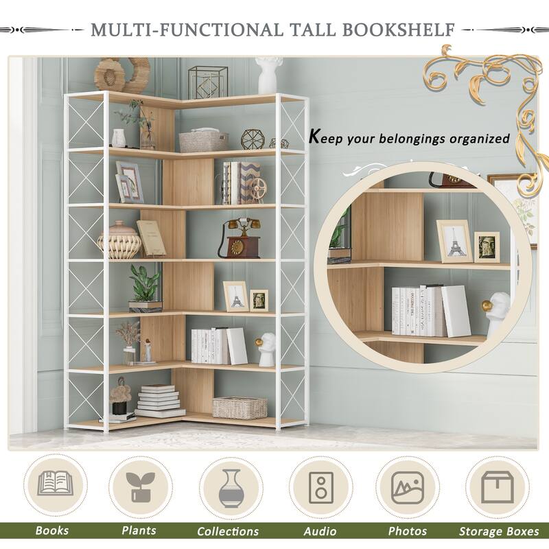 7-Tier Bookcase Home Office Bookshelf, L-Shaped Corner Bookcase with Metal Frame