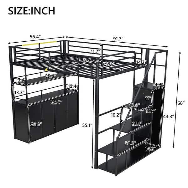 dimension image slide 1 of 2, Metal Loft Bed with Bulit-in Wardrobe and Storage Staircase, Full Size Loft Bedframe with Locker and Storage Shelves for Kids