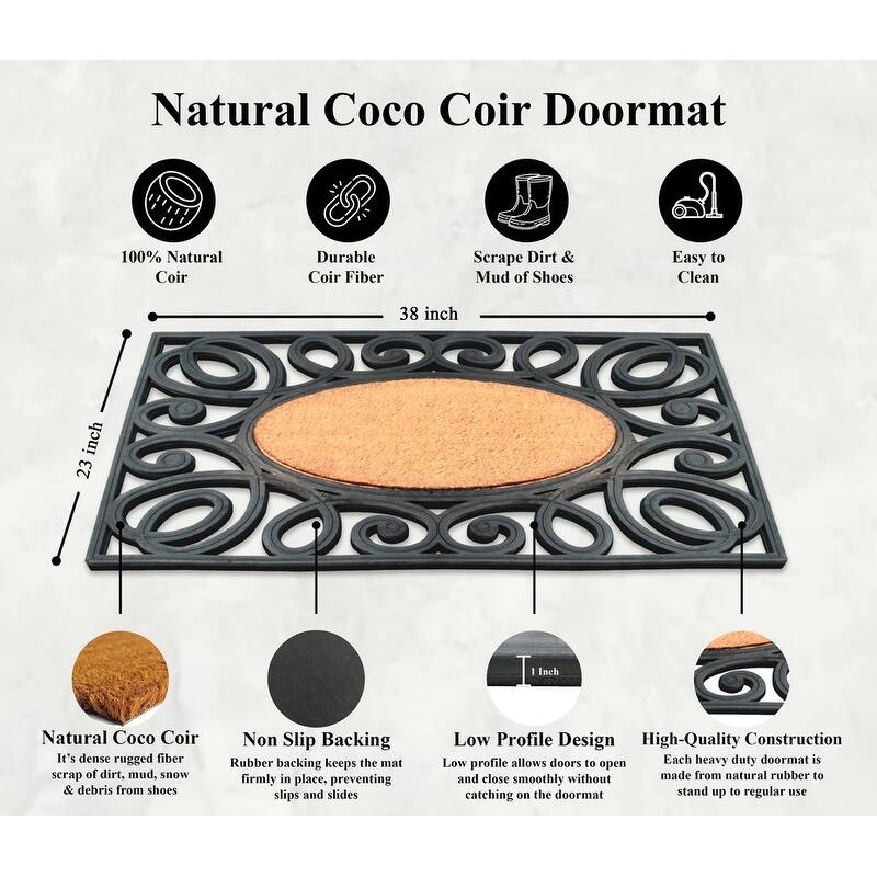 A1HC Rubber and Coir Elegant Circles, Double Door Doormat, Black/Beige - 23"X38"