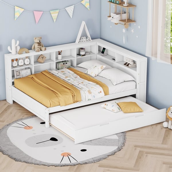 slide 2 of 28, Full Size Wooden DayBed with Twin Size Trundle Bed Frame & Storage Shelf and USB Charging Ports for Kids Teens Adults White