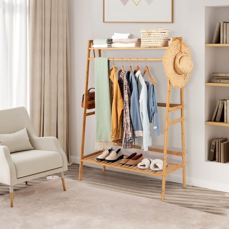 3Tier Bamboo Clothing Rack Freestanding Clothes Organizer with Shelves