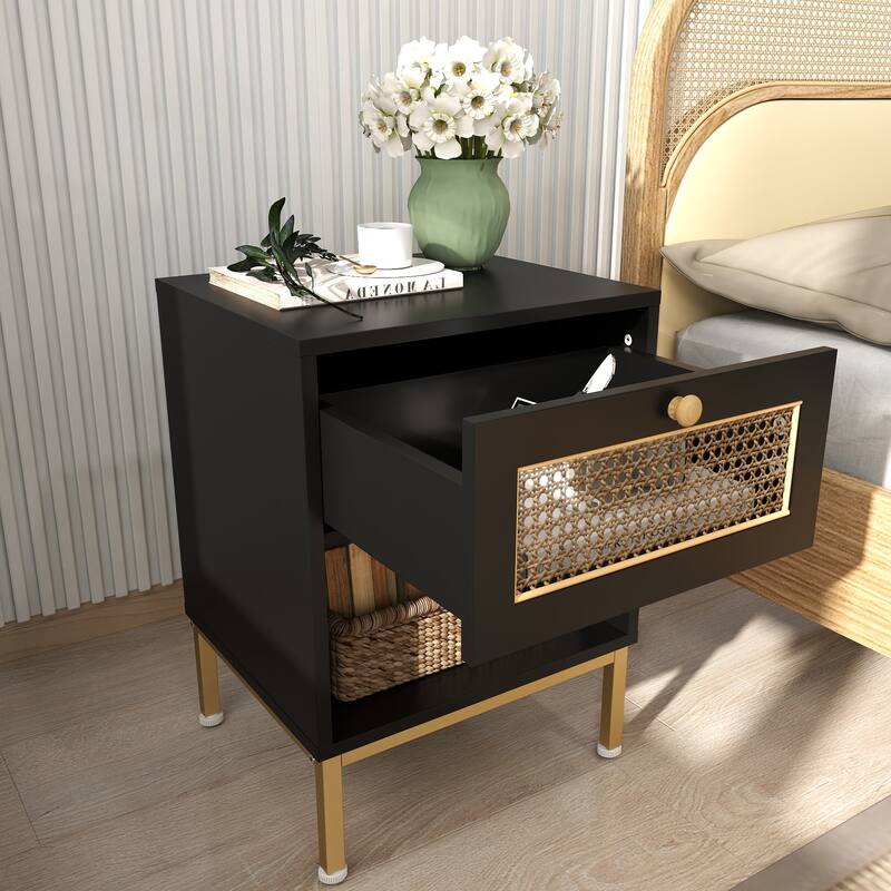Rattan End Table/ Nightstand with Drawer, Farmhouse Boho Bed Side Table