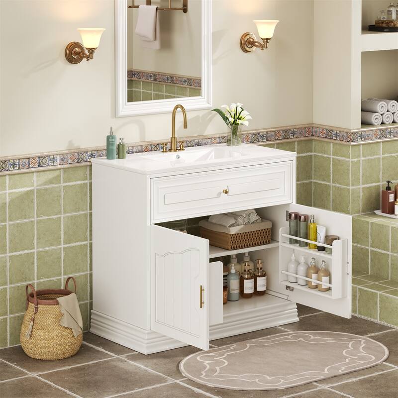 36" Elegant Bathroom Vanity‌ – Ceramic Sink, Solid Wood Frame & Soft-Closing Doors for Luxurious Storage.