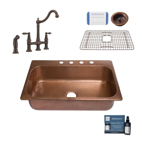 Angelico 33" Drop-in Copper Kitchen Sink with Bridge Faucet and Strainer Drain