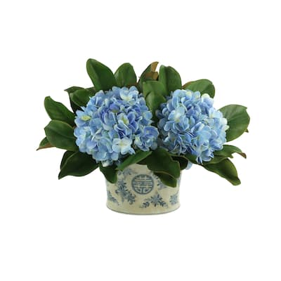 Hydrangea and Magnolia Leaf Arrangement in a Decorative Ceramic Pot - Blue, White, Green