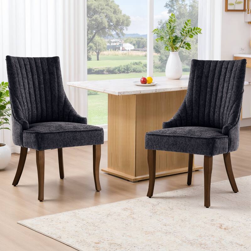 Vintage Linen Upholstered Dining Chairs Set of 2 with Channel Tufted Back & Solid Wood Legs - Black