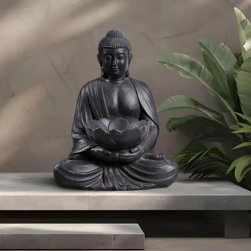 Meditating Buddha With Lotus Outdoor Garden Planter - 20.25" - Black