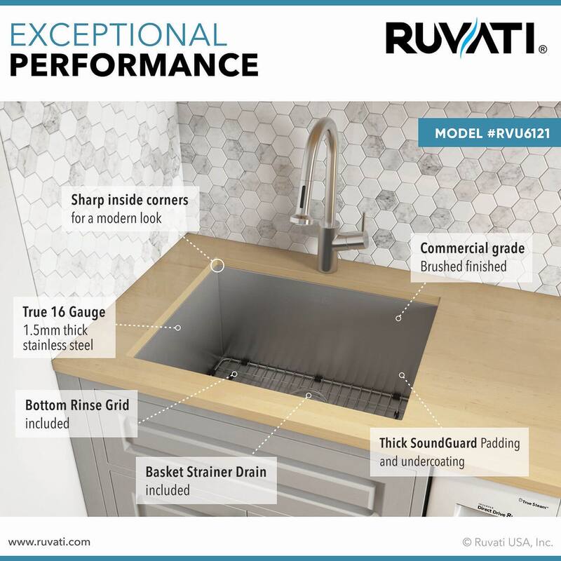 Ruvati 21" x 18" x 12" Deep Laundry Utility Sink Undermount 16 Gauge Stainless Steel - RVU6121