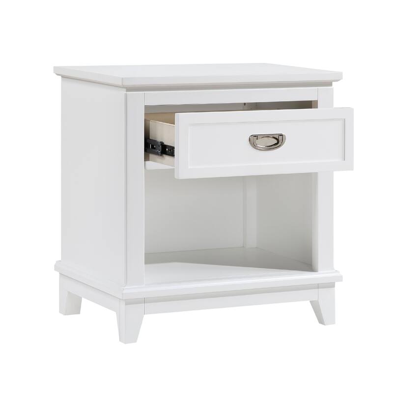 Sely Nightstand, 1 Drawer w Open Cubby, White Wood, Ring Handle