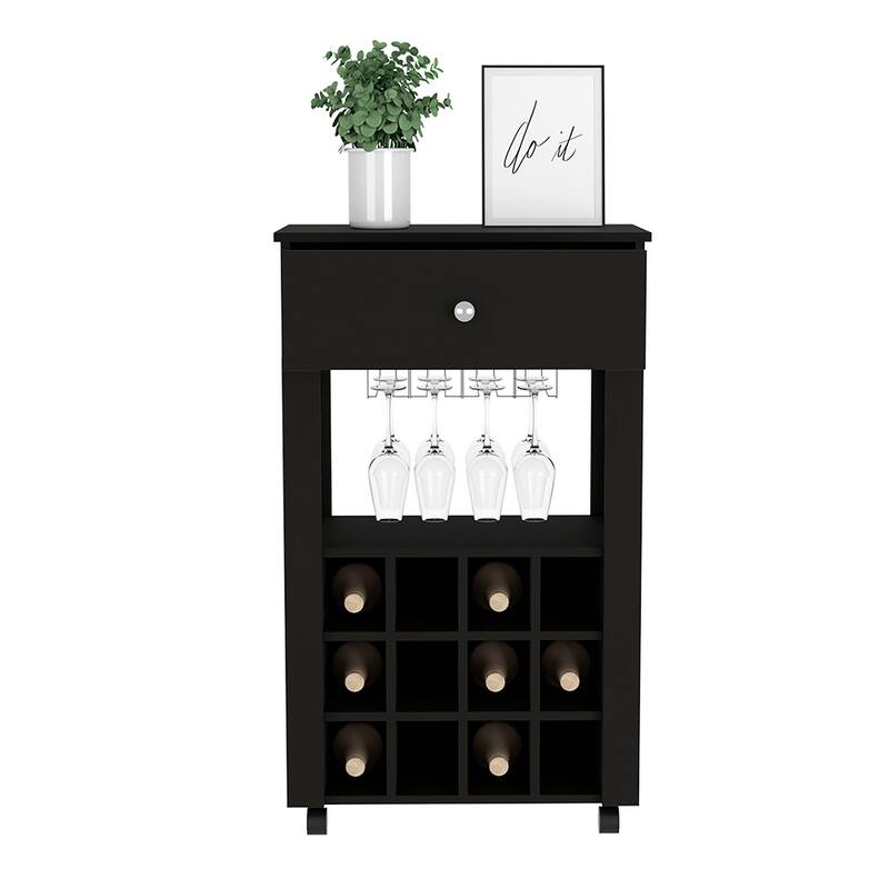 Modern Bar Cart Bayamon with Twelve Wine Cubbies, Open Shelf & Black Wengue Finish - 27.44" Superior Top