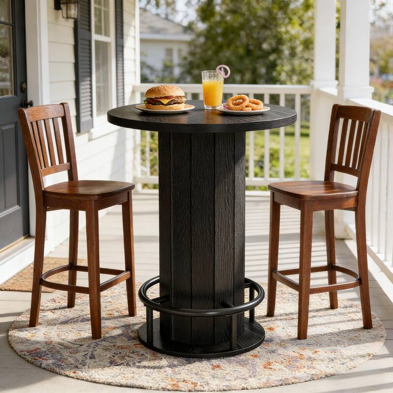 Round Bar Table with Fence-Style Base, Wood Cocktail Table Pub Table with Footrest, Coffee Table Kitchen Dining Table
