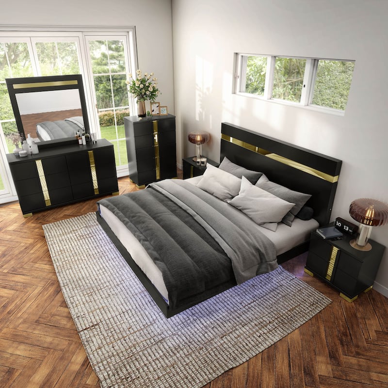 Furniture of America Halifax Modern 6-Piece Wood Platform Bedroom Set with Underbed LED - Black - Queen