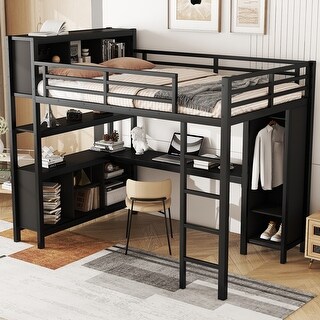 Metal Loft Bed with Bookcase, Wardrobe and L-shaped Desk, Full Loft Bed with Storage Cubes and Shelves for Kids Teens Adults