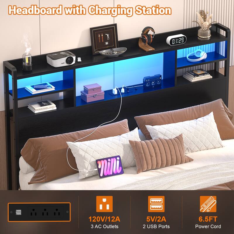 Storage Headboard with USB Port and Power Outlet, Head Board with LED Light for Bed Frame