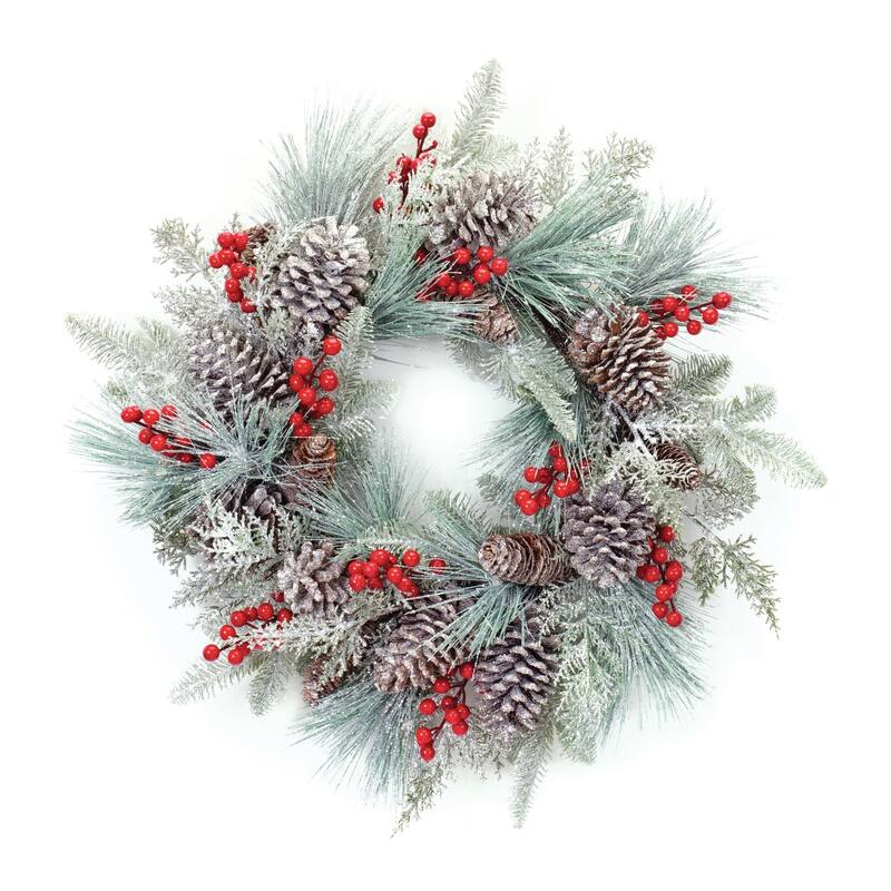 Flocked Pine Pinecone Berry Artificial Christmas Wreath 27-Inch Unlit