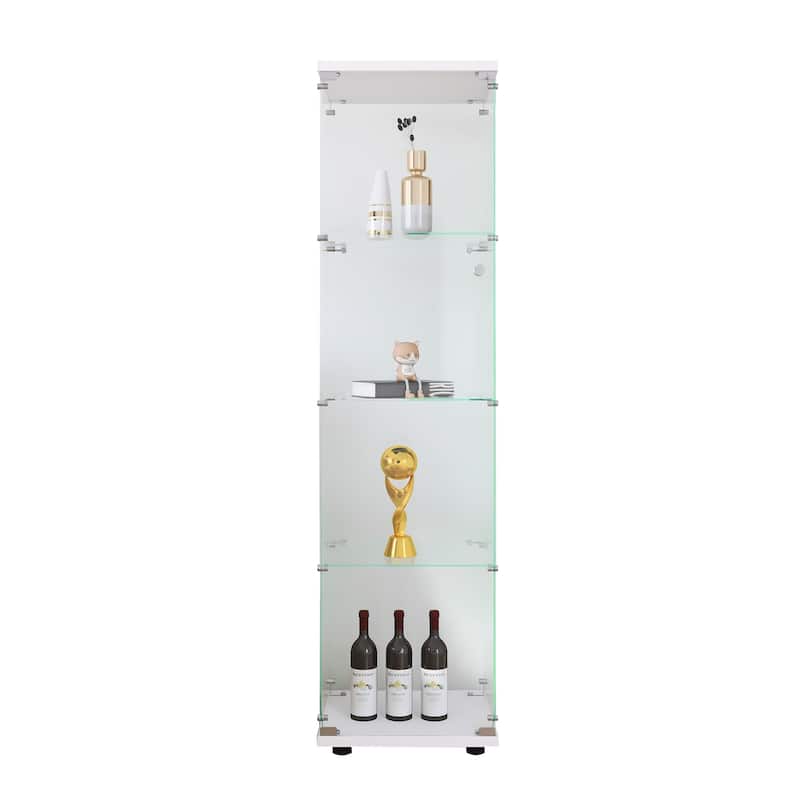 Tempered Glass Display Cabinet 4 Shelves with Door and Lock, Floor Standing Curio Bookshelf for Living Room Bedroom Office - White