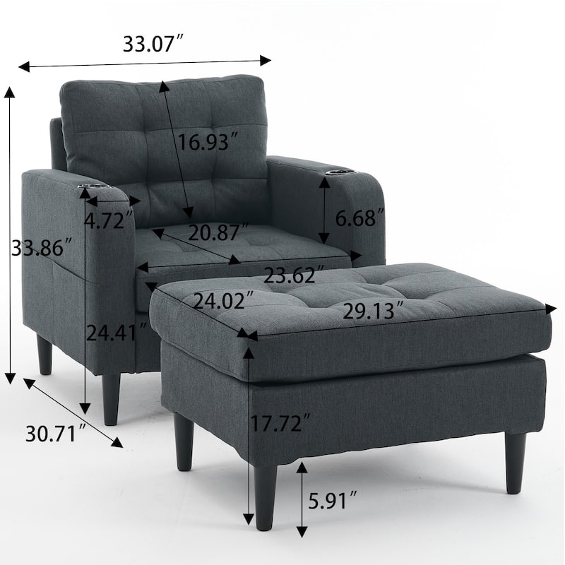 HCHAIRH Upholstered Tufted Accent Chair Single Sofa Storage Ottoman Set with Cup Holders