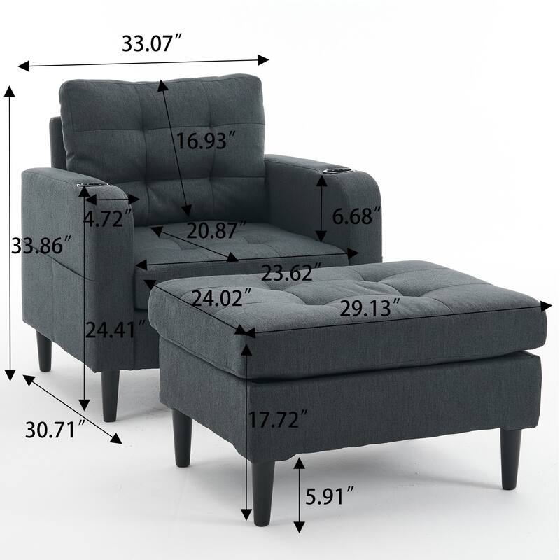 Upholstered Armchair & Ottoman Set with Storage & Cup Holders