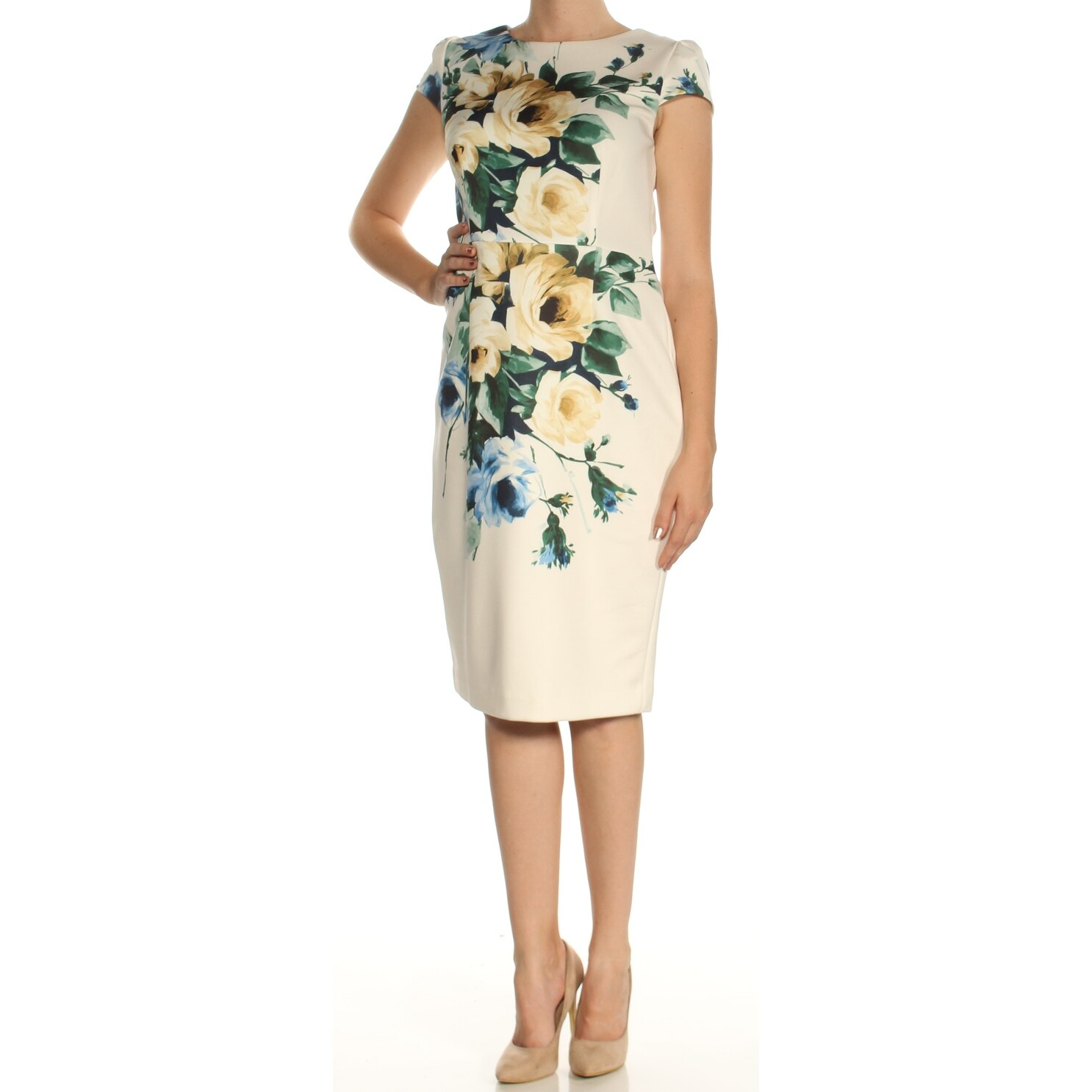 Shop Womens Yellow Floral Cap Sleeve Below The Knee Sheath Dress