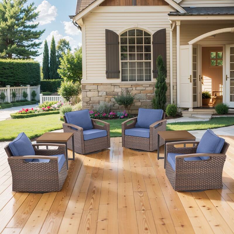 Pocassy Outdoor Brown Wicker Funitre with Cushion Set - Blue Cushion - Swivel Chairs with Side Table Set
