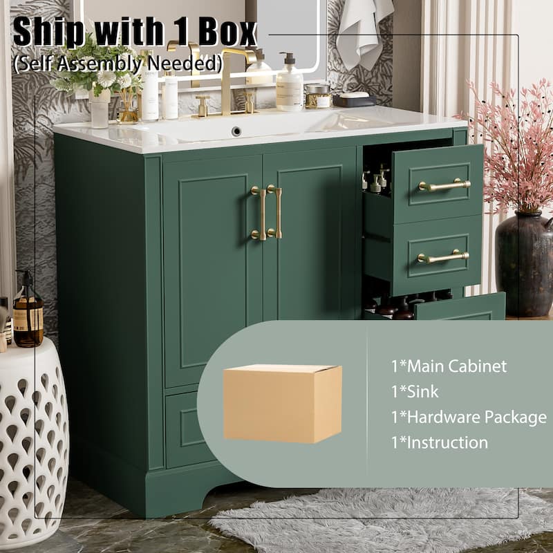 36" Traditional Bathroom Vanity with Ceramics Sink , Green Bathroom Cabinet with Two Soft Close Doors and Four Drawers