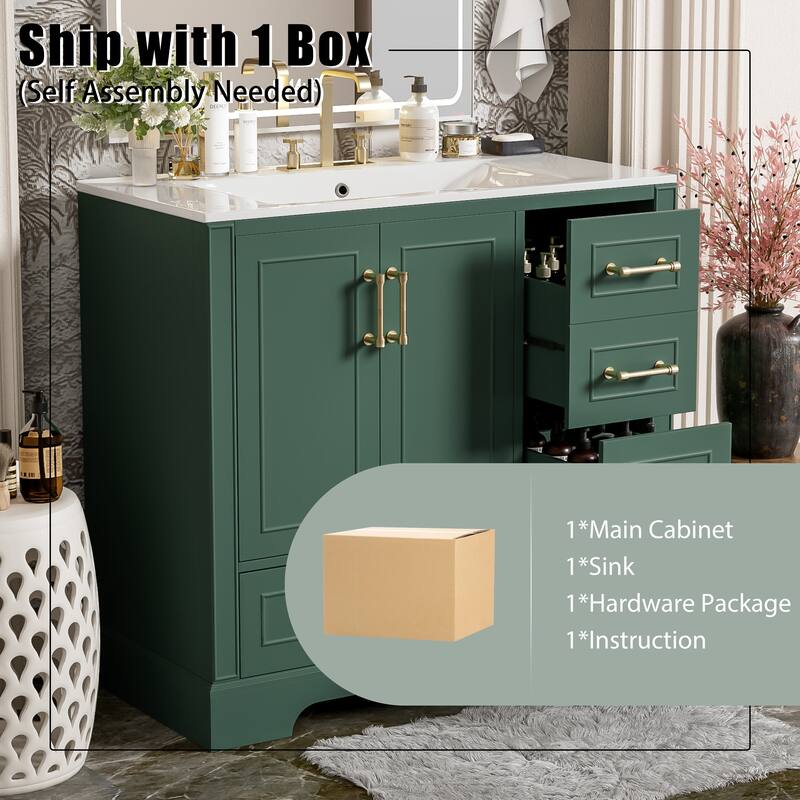 Traditional Bathroom Vanity with Ceramics Sink, Freestanding Cabinet with 3 Side Drawers, Bottom Drawer and 2 Soft Close Doors