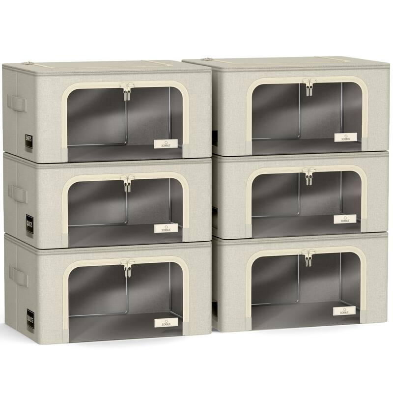 Sorbus Closet Storage Bins with Metal Frame, Window, & Carry Handles - Stackable & Foldable Clothes Organizer Bags - 6 Pack