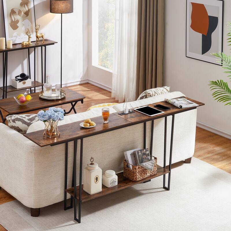 Console Table with Outlets for Entryway, Sofa Table with Wood Shelves, Industrial Entryway Table Foyer Table