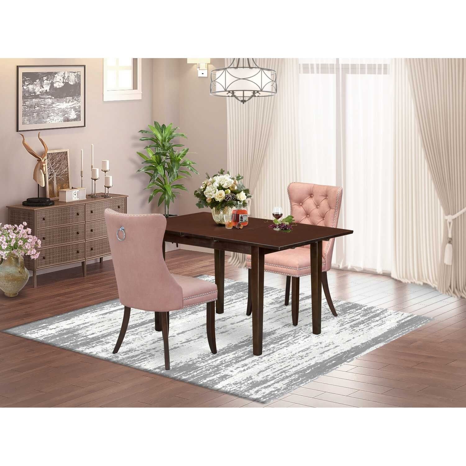 HomeStock 3-Pc Mahogany Finish Rectangular Solid Wood Top with Butterfly Leaf Dining Table Set
