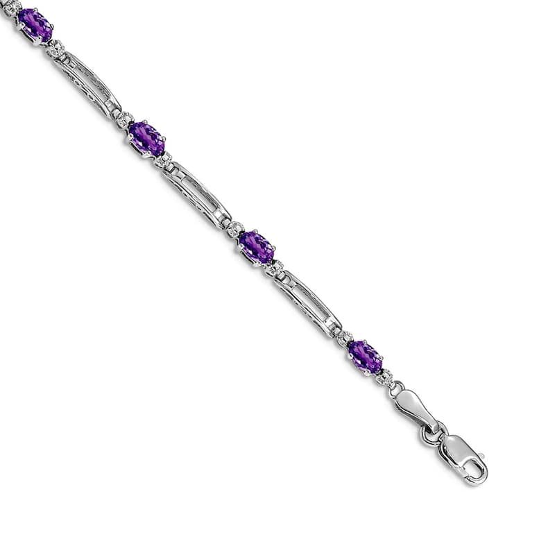 Curata Yellow or White Gold 3.5mm 7" Gemstone and Diamond Bracelet - 10k or 14k - Amethyst - 14k - White