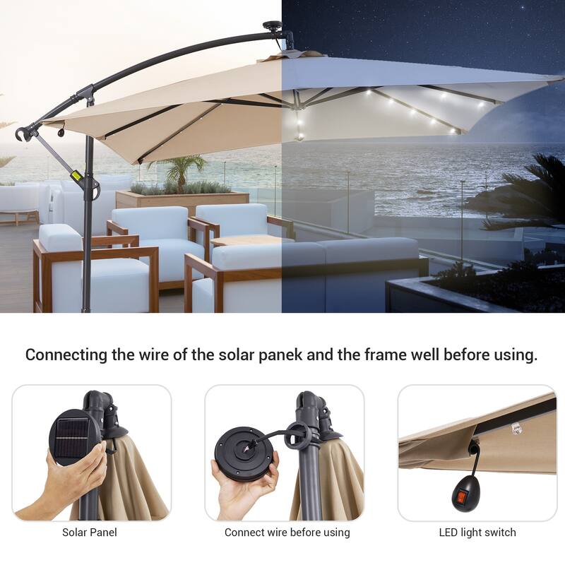 LIVOOSUN 8.2Ft LED Square Offset Hanging Patio Umbrellas w/Base