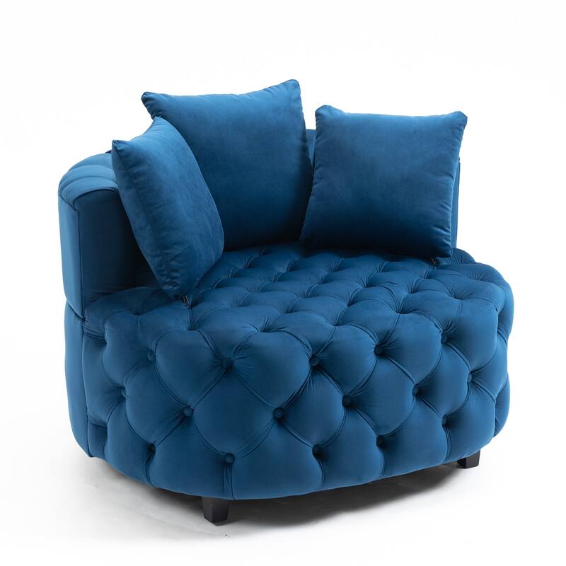 Blue Modern 24" Velvet Upholstered Buttons Tufted Barrel Chair with Pillows