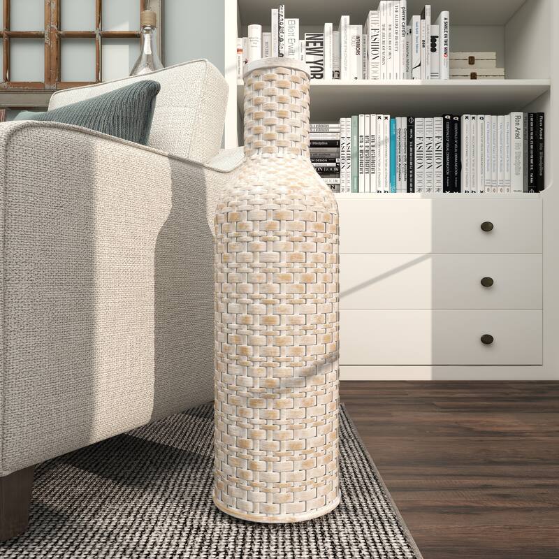 Intricately Woven Tall Bamboo Wood Floor Vase - White or Brown