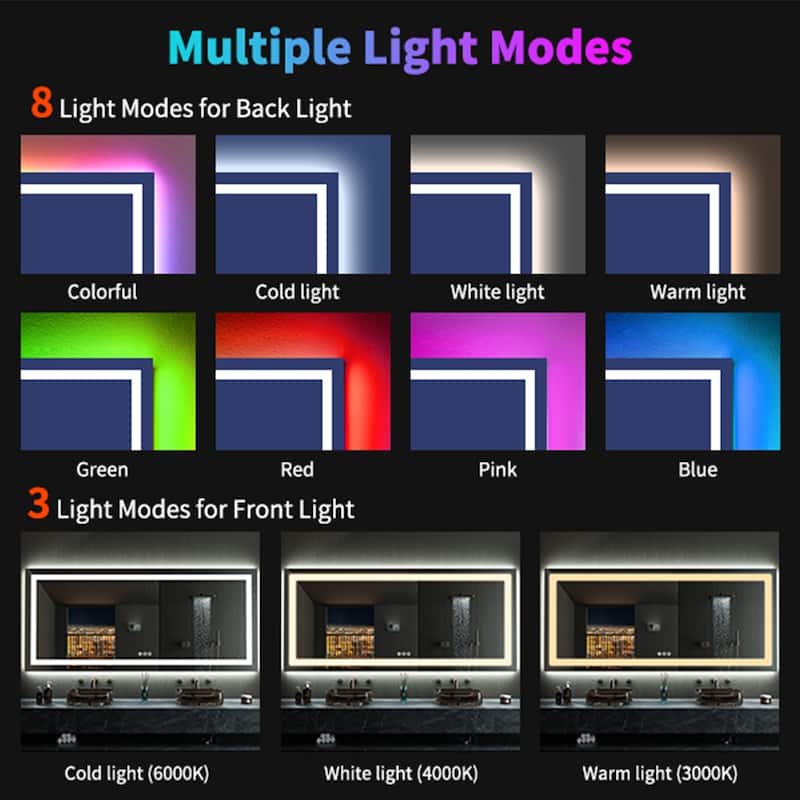 Super Bright RGB Backlit & LED Frontlit Anti-Fog Bathroom Vanity Mirror in Tempered Glass & ETL