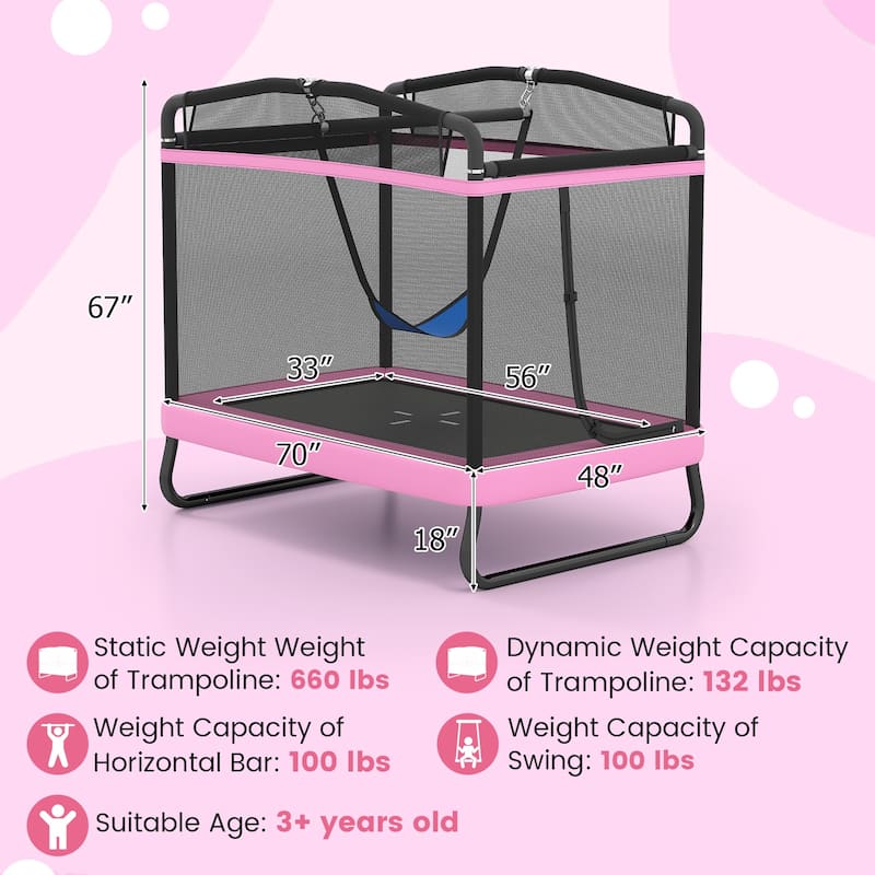 6 FT Kids Trampoline with Swing and Horizontal Bar and Padded Spring Cover for Indoor or Outdoor