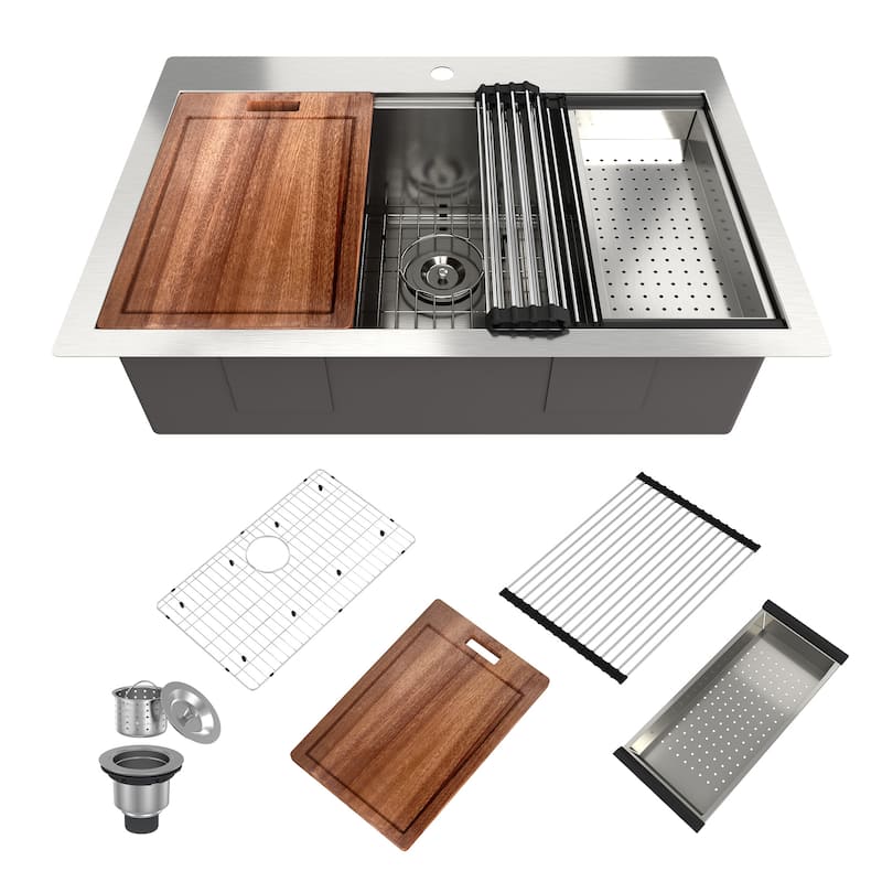 33 in. Drop-In Single Bowl 18 Gauge Brushed Stainless Steel Workstation Topmount Kitchen Sink with Sliding-Accessories - Silver