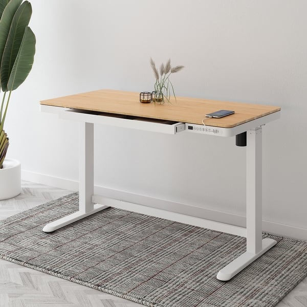slide 2 of 27, FlexiSpot 48 Inch Bamboo Texture Top COMHAR Home Office Desk Height Adjustable Standing Computer Desk USB Charging