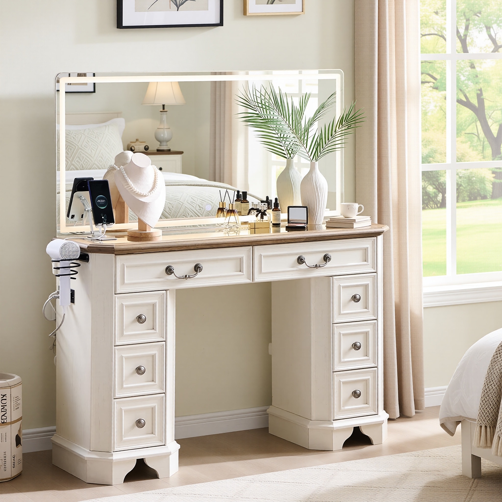 Makeup Vanity Desk with HD Lighted Mirror, Vanity Table with 8 Drawers
