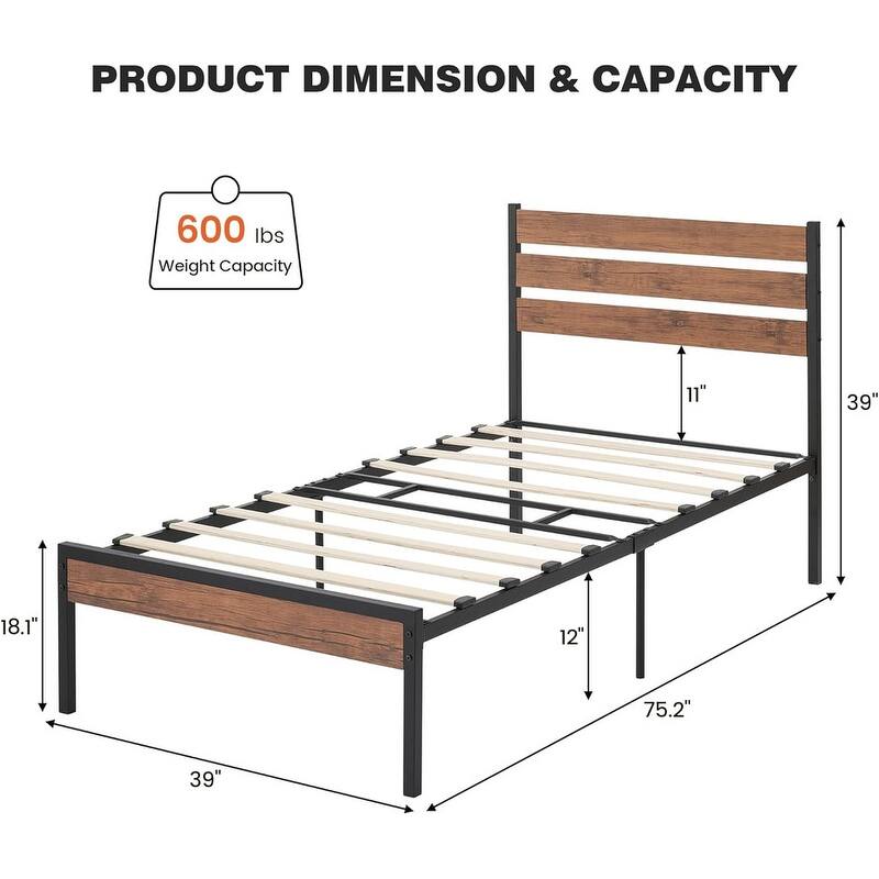 Twin Size Platform Bed Frame with Rustic Wood Headboard